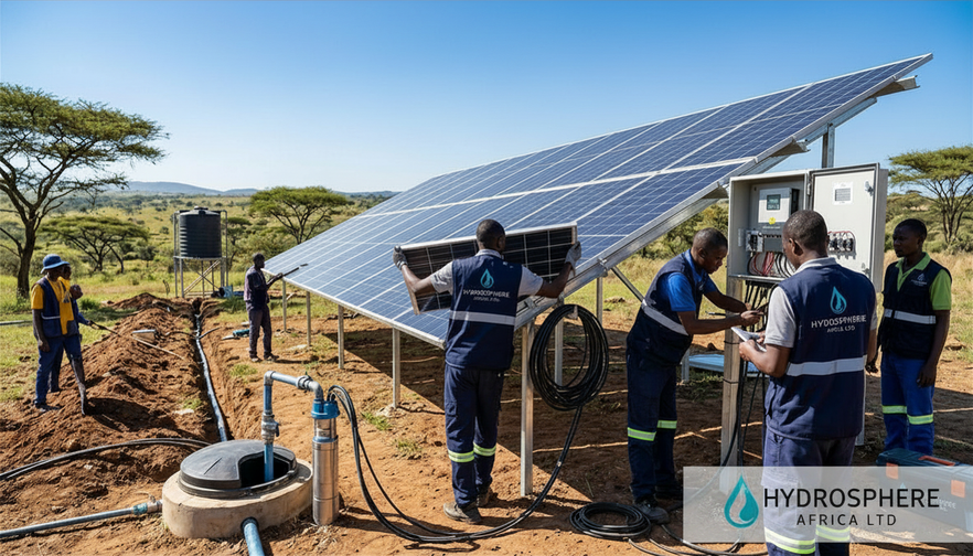 Hydrosphere Africa team commissioning a solar-powered water system